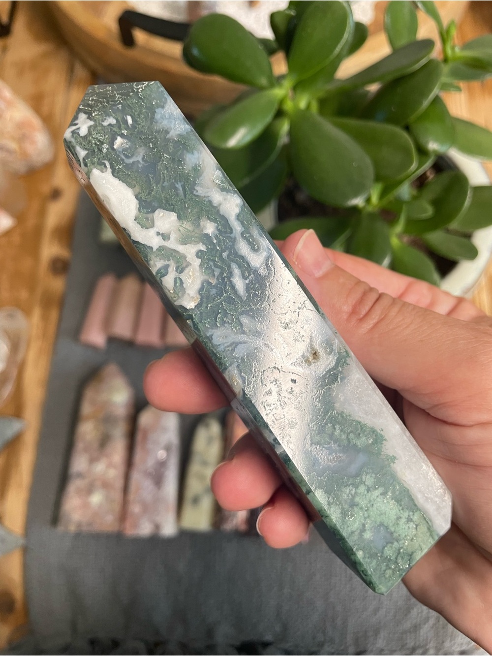 Moss Agate Point Tower - Green & White Polished Crystal with quartz crystals